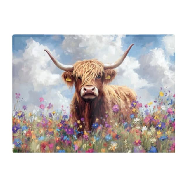 Warren Reed Designer Highland Cow In A Summer Meadow Glass Chopping Board