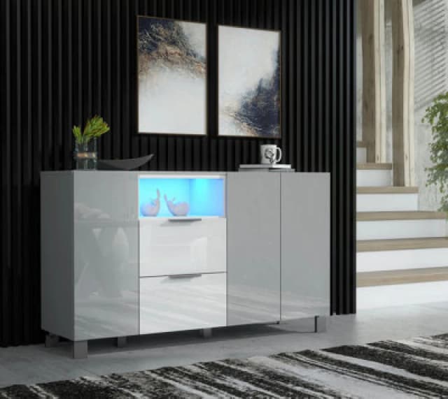 Furneo Sideboard Grey White High Gloss Matt Cabinet Cupboard Unit Blue LED Lights Enzo 16