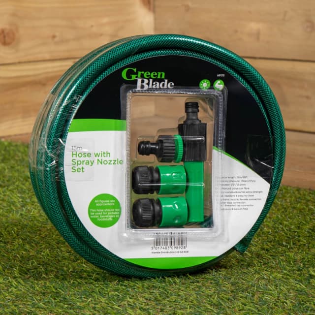 15m Reinforced Garden Hose Pipe / Hosepipe with Spray Nozzle Set in Green