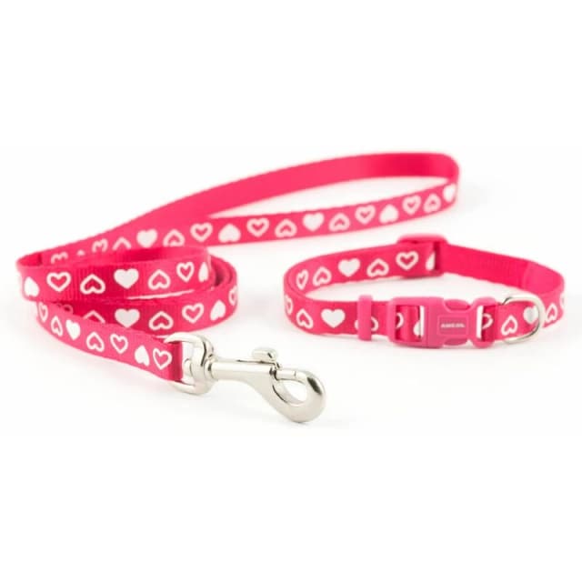 Ancol Heart Print Lightweight Comfy Adjustable 20-30cm Dog Collar Lead Set Raspberry
