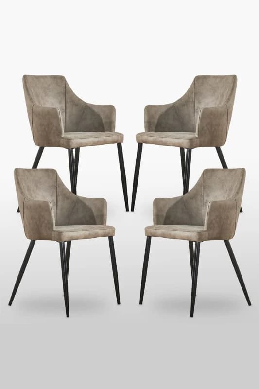 Life Interiors Life Interiors Set of 4 Zarah Modern Faux Leather Dining Chairs with Armrests and Black Metal Legs, Comfortable Accent Chair in Light B