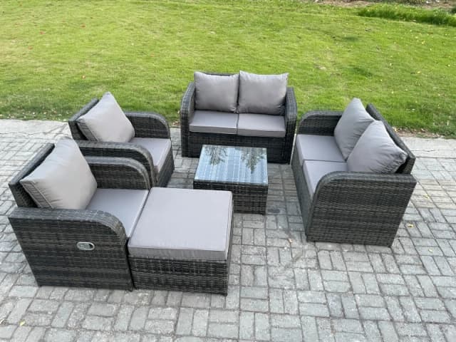 Fimous 7 Seater Rattan Sofa Set Outdoor Garden Furniture Set with Square Coffee Table Loveseat Sofa Reclining Chairs Big Footstool Dark Grey
