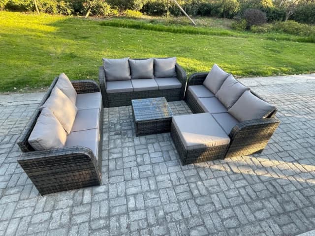 Fimous Patio Garden Furniture Sets Wicker 10 Seater Outdoor Rattan Furniture Sofa Sets with Square Coffee Table Big Footstool Dark Grey