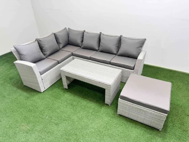 Fimous Outdoor 7 Seater Corner Sofa Sets with Big Stool Light Grey Mixed Light Grey Unisex