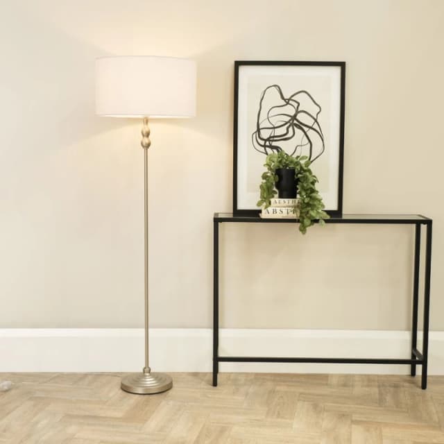 ValueLights Maggie Brushed Chrome Candlestick Floor Lamp with Fabric Shade with LED Bulb Black