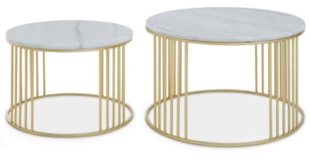 Orsina Set Of 2 White Marble & Gold Frame Side Tables, Round White Marble Tops On Geometric Gold Iron Base
