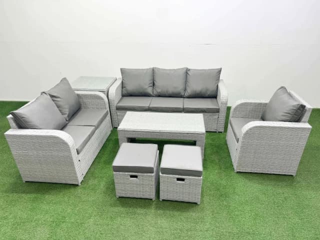 Fimous Patio PE Wicker 8 Seater Outdoor Rattan Furniture Sofa Sets with Oblong Coffee Table Reclining Chair Loveseat Sofa 3 Seater Sofa Stool Side Tab