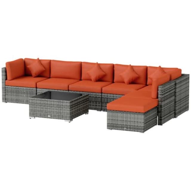 Outsunny Rattan Outdoor Garden Furniture Patio Corner Sofa Set with Cushions Orange