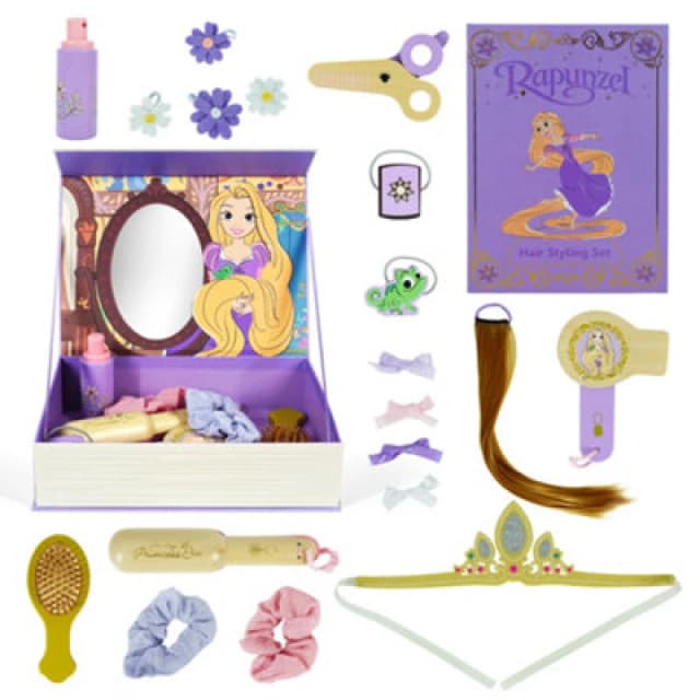 Disney Princess Rapunzel Wooden Hair Styling Set 22 Piece, Pretend Play With Book Box