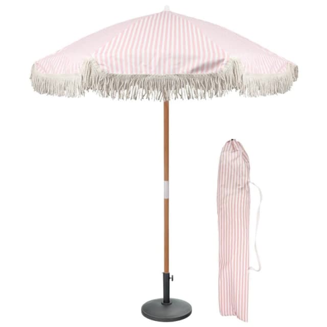 Harbour Housewares 1.4M Tassel Fringed Wooden Garden Parasol & Base Set with Carry Bag in Pink Pink Unisex
