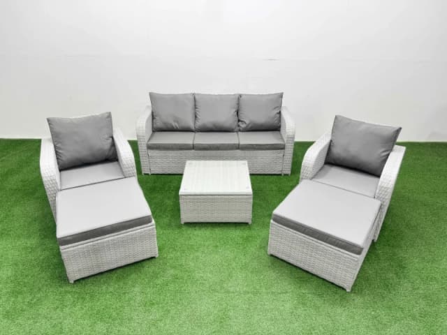 Fimous PE Rattan Garden Furniture Set Reclining Chair Sofa Lounge Sofa Set Square Coffee Table 2 Big Footstool Light Grey Light Grey