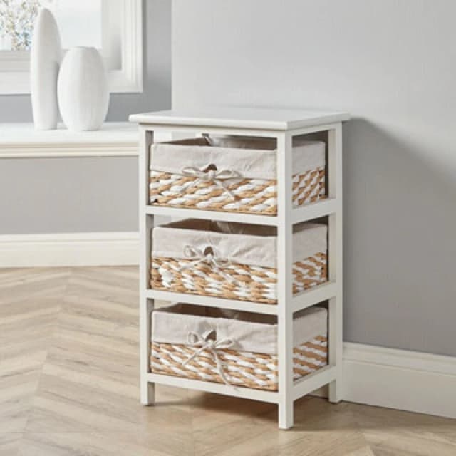 Home Source Norfolk 3 Wicker Basket Drawer Chest Storage Unit White