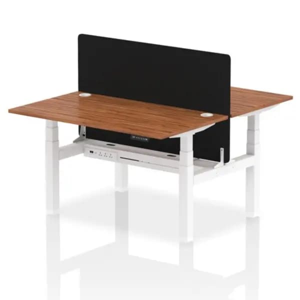 Air Air Back-to-Back 1400 x 800mm Height Adjustable 2 Person Bench Desk Walnut Top with Cable Ports White Frame with Black Straight Screen HASCP2P148
