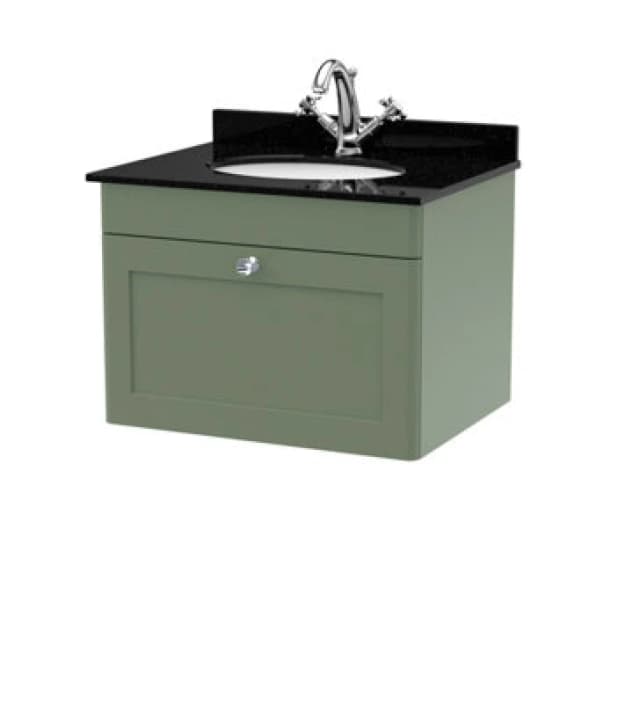 Nuie Classique Wall Hung 1 Drawer Vanity Unit & 1 Tap Hole Black Marble Top With Oval Basin, Stylish Sink Vanity Unit In Satin