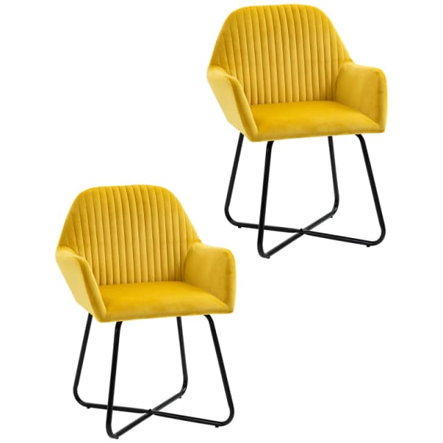 HOMCOM Modern Accent Chair, Velvet-Feel Fabric Upholstered Armchair with Metal Base for Living Room, Set of 2, Yellow