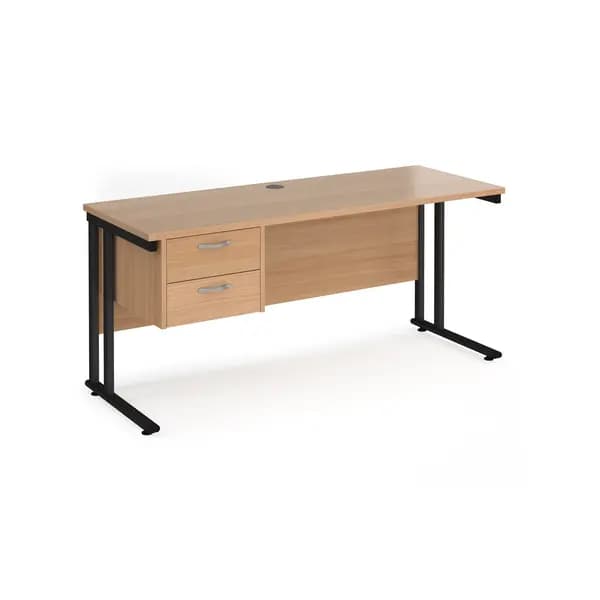 Maestro 25 Beech Straight Desk with 2 Drawer Pedestal and Black Cantilever Leg Frame - 1600mm x 600mm