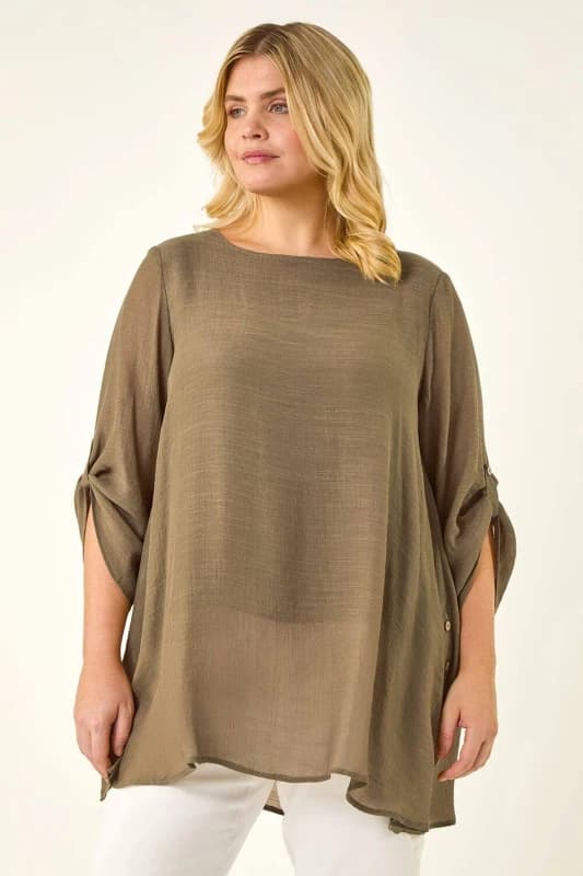 Roman Womens Curve Buttoned Side Asymmetric Top in Khaki Size: 20 Khaki Female 20