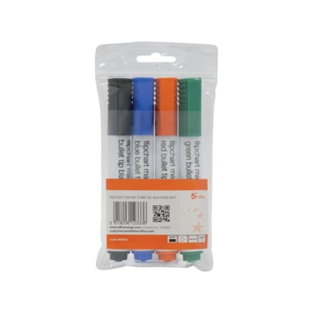 5 Star Office Flipchart Markers Bullet Tip Water-based Wallet Assorted (4 Pack) 909922