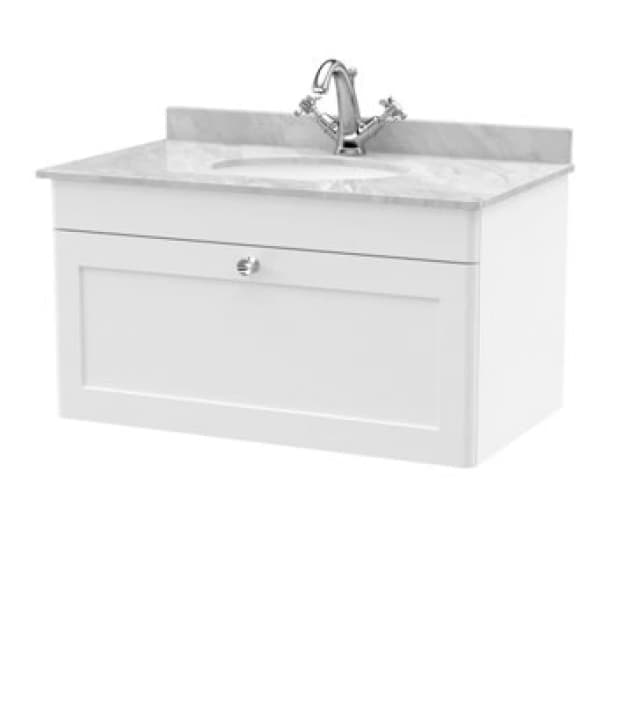 nuie 800mm Wall Hung 1 Drawer Vanity & Marble Top 1TH - Satin White CLC196GR1