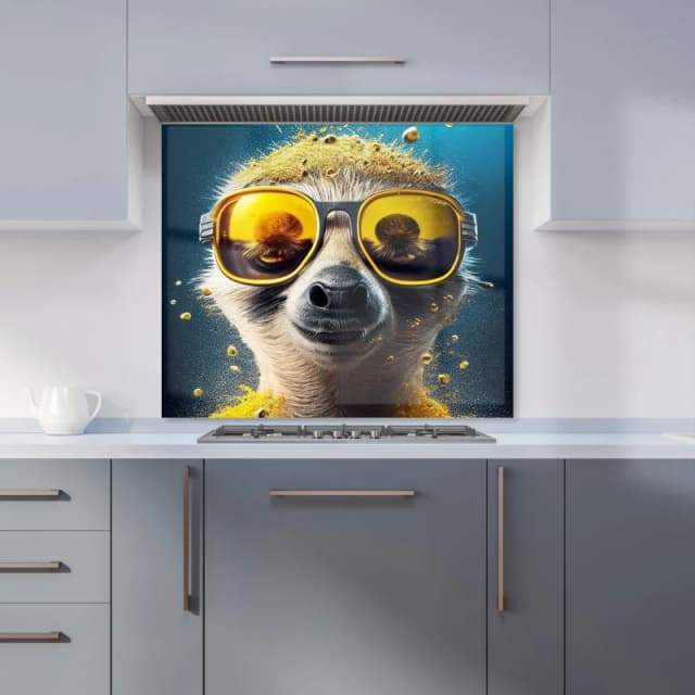 Warren Reed - Designer Meerkat With Golden Glasses Splashart Kitchen Splashback in Yellow Size: 600mm x 750mm Yellow Unisex 600mm x 750mm