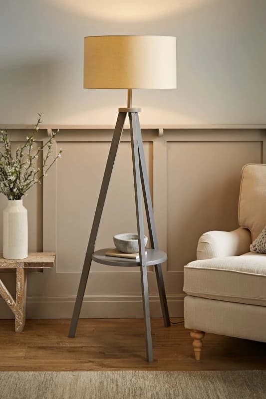 ValueLights Morrigan Grey Wood Tripod Floor Lamp With Fabric Drum Lamp Shade Natural