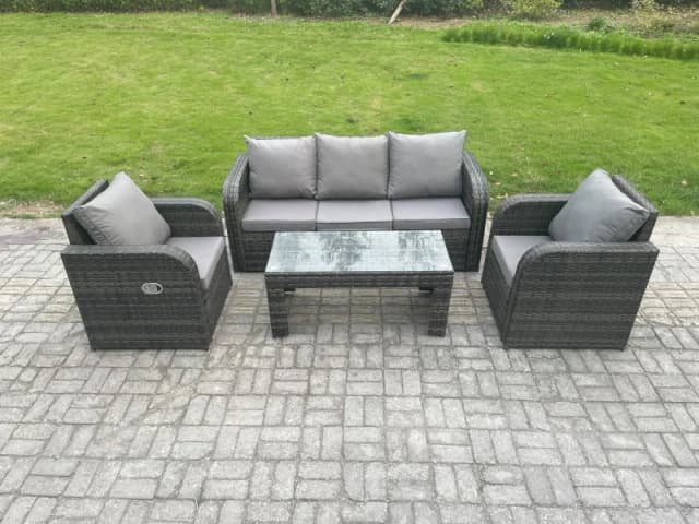 Fimous Outdoor Garden Furniture Sets 5 Seater Wicker Rattan Furniture Sofa Sets with Rectangular Coffee Table Reclining Chair Dark Grey