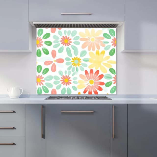 Warren Reed - Designer Green & Yellow Flowers Kitchen Splashback Size: 600mm x 750mm Green Unisex 600mm x 750mm