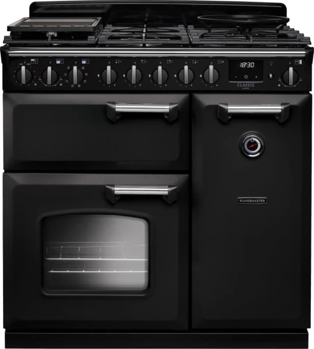 Rangemaster Classic Deluxe CLDL90DFPCBL/CM1 90cm wide Dual Fuel Range Cooker with Gas Hob - Charcoal Black / Chrome - A Rated