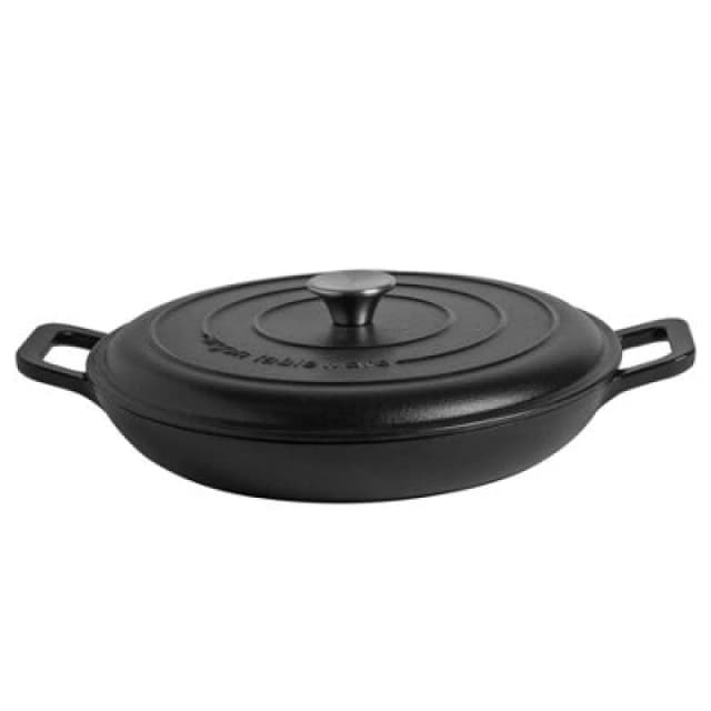 Argon Tableware Shallow Cast Iron Casserole Dish - 2.3L Black Enamel Finish, Oven Safe Dutch Oven Cookware With Lid