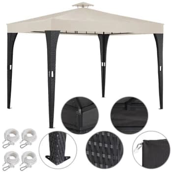 Deuba - Poly Rattan Garden Gazebo 3x3m BBQ Party Tent Pavilion Black Cream Shelter Canopy Sun Shade Wedding Airvent