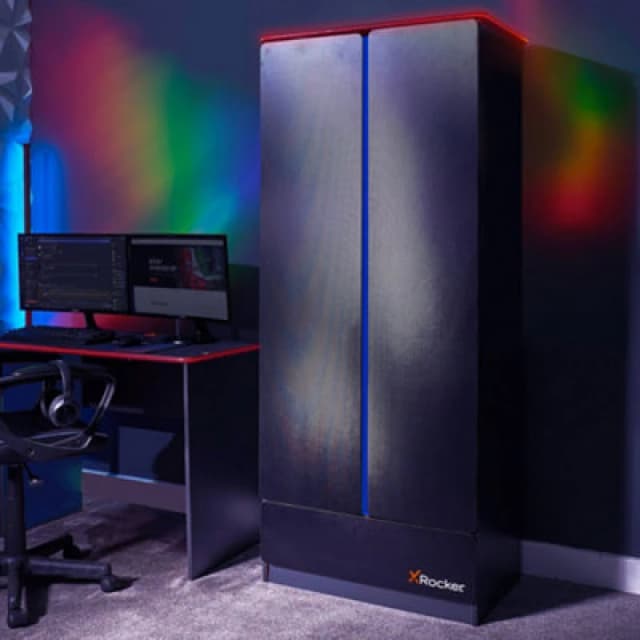 XRocker X Rocker Carbon-Tek 2 Door Wardrobe With Drawer and LED Lights Grey Blue 2023312