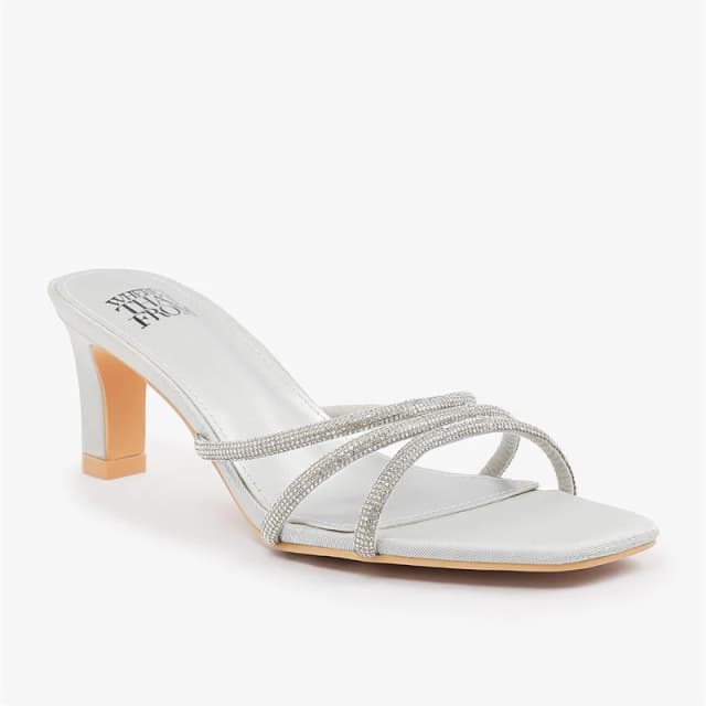 Where's That From 'Remi' Square Toe Low Block Heel With Diamante Strap Detail Silver