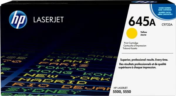 HP 645A Yellow Original LaserJet Toner Cartridge. Colour toner page yield: 12000 pages Printing colours: Yellow Quantity per pack: C9732A