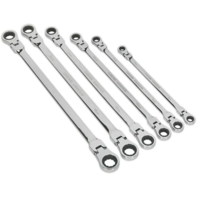 Loops 6pc Flexible Head EXTRA LONG Ratchet Ring Spanner Set - 12 Point Metric Double Multi