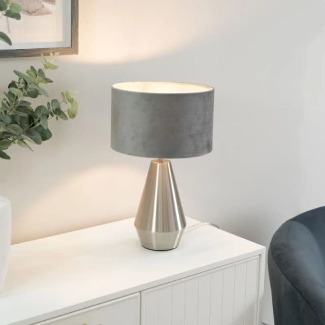ValueLights Jax Brushed Chrome Dimmable Touch Table Lamp with Velvet Drum Shade Grey