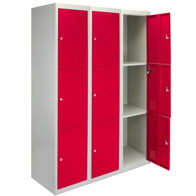MonsterShop 3 X Metal Storage Lockers - Three Doors, Red - Flatpack