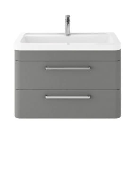 Nuie Hudson Reed Solar Wall Hung Vanity Unit With Ceramic Basin, Modern 2 Drawer Bathroom Sink Vanity Unit In Cool Grey, 800mm