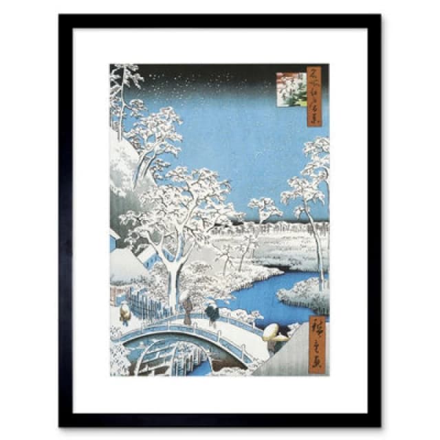 Artery8 Painting Japanese Woodblock Winter Bridge Over River Framed Wall Art Print