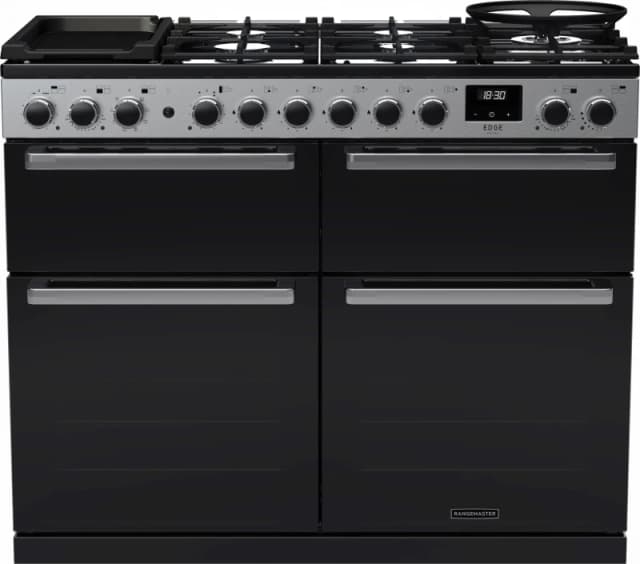 Rangemaster Edge Deluxe EDDLB110DFGBLK/CM1 110cm wide Dual Fuel Range Cooker with Gas Hob - Black Glass / Chrome - A/A Rated