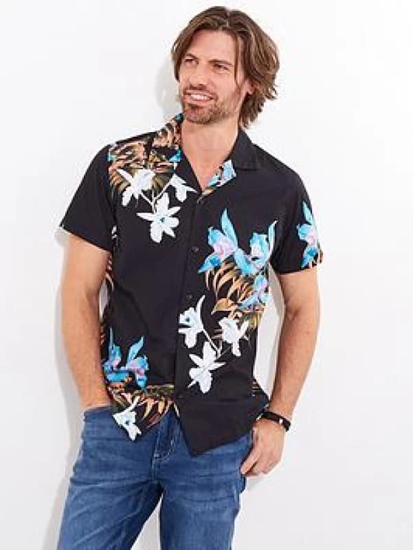 Joe Browns Joe Browns Men Tropical Floral Print Revere Collar Shirt in Black Size: Small Black S Male 5059953252740