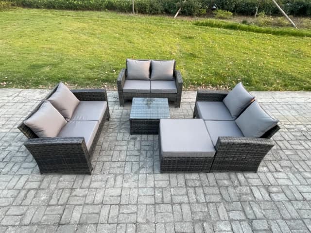 Fimous 7 Seater Rattan Wicker Garden Furniture Patio Conservatory Sofa Set with Square Coffee Table Double Seat Sofa Big Footstool in Dark Grey Dark G