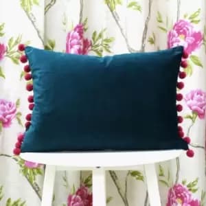 Riva Paoletti Fiesta Velvet Pom Pom Fringe Cushion Cover, Teal/Berry, 35 x 50 Cm