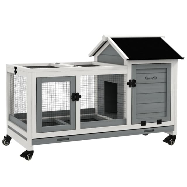 PawHut Pawhut - Wooden Rabbit Hutch, Small Animal House w/ Wheels, Removable Tray Grey 5056725388799