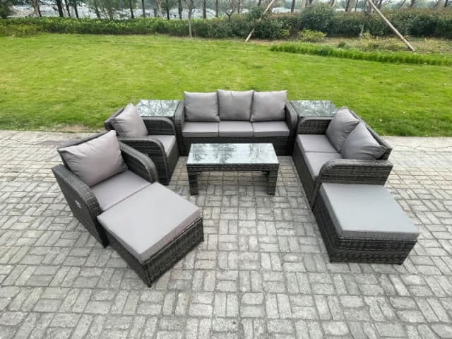 Fimous Outdoor Rattan Garden Furniture Set Rattan Lounge Sofa Set with Rectangular Coffee Table 2 Side Tables 2 Big Footstool Dark Grey Mixed Dark Gre