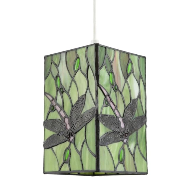 Happy Homewares Stained Glass Dragonfly Rectangular Tiffany Pendant Light Shade in Green Green Unisex