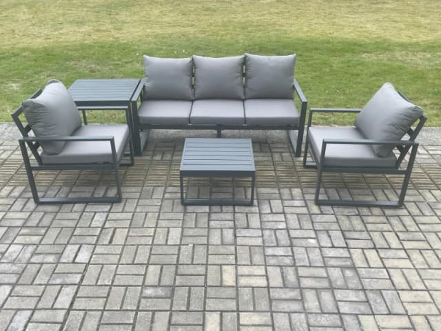 Fimous Aluminium Outdoor Garden Furniture Set Lounge Sofa 2 PC Chairs Square Coffee Table Sets with Side Table Dark Grey Dark Grey Unisex