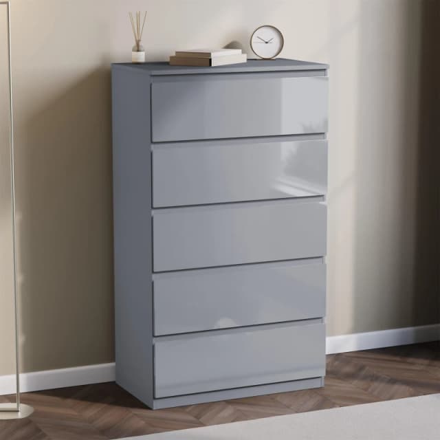 Lassic Glinton High Gloss 5 Drawer Chest Grey unisex 5 Drawer