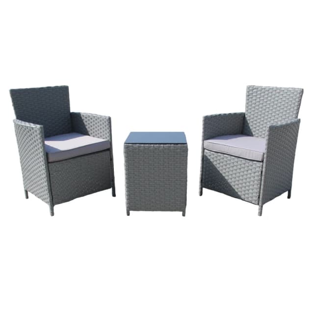 FURNITURE ONE 3 PCS Rattan Garden Bistro Set Patio Table and Chairs Set with Cushions Grey