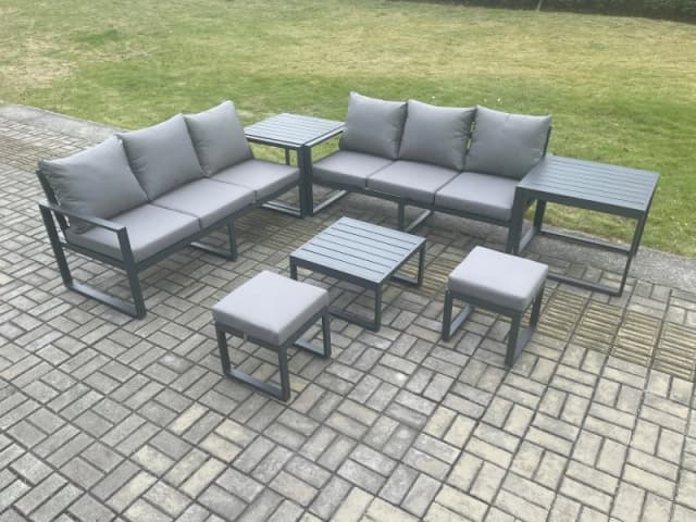 Fimous Aluminium 7 Pieces Garden Furniture Sofa Set with Cushions 8 Seater Outdoor Patio Set with Square Coffee Table 2 Footstools in Dark Grey Dark G