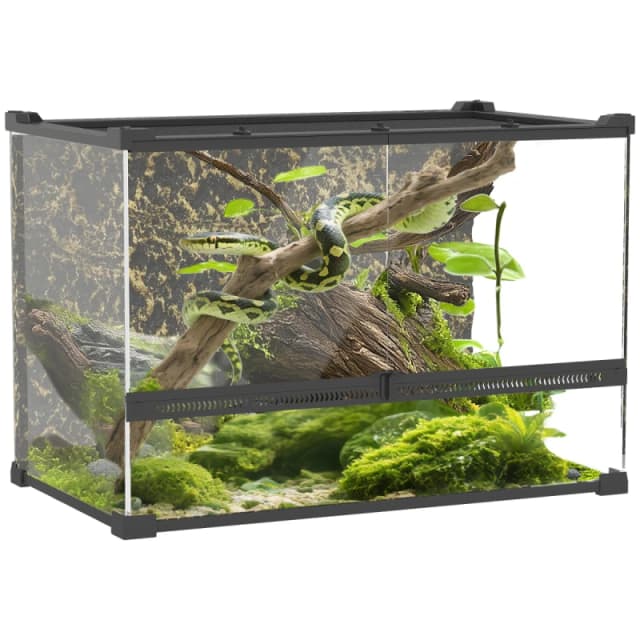 PawHut 48L Glass Terrarium, Reptile Vivarium with Stone Background, Black D40-052V13BK
